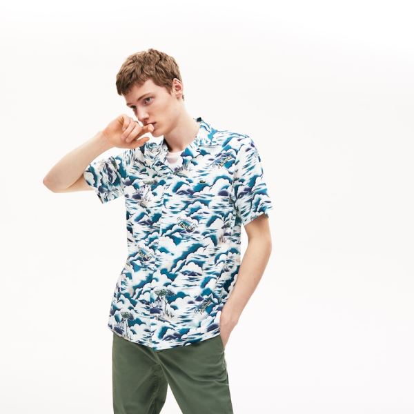 Lacoste Southern France Print Cotton Hawaiian Fit Shirt - Šortky Pánské Blankyt / Světle Růžové / Bí